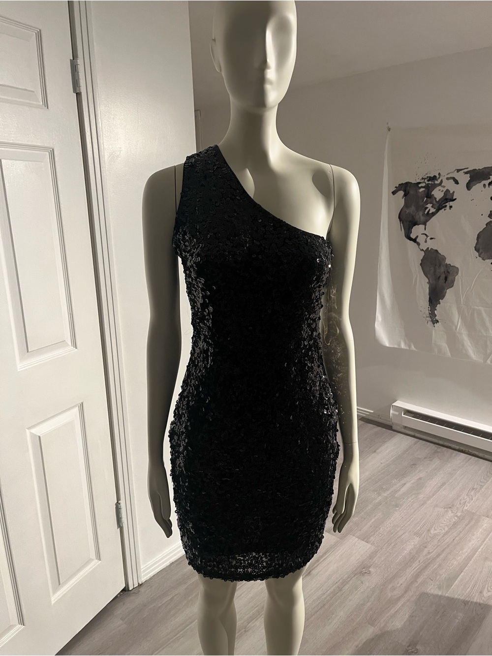 Source Unknown One-Shoulder Black Sequin Bodycon Dress